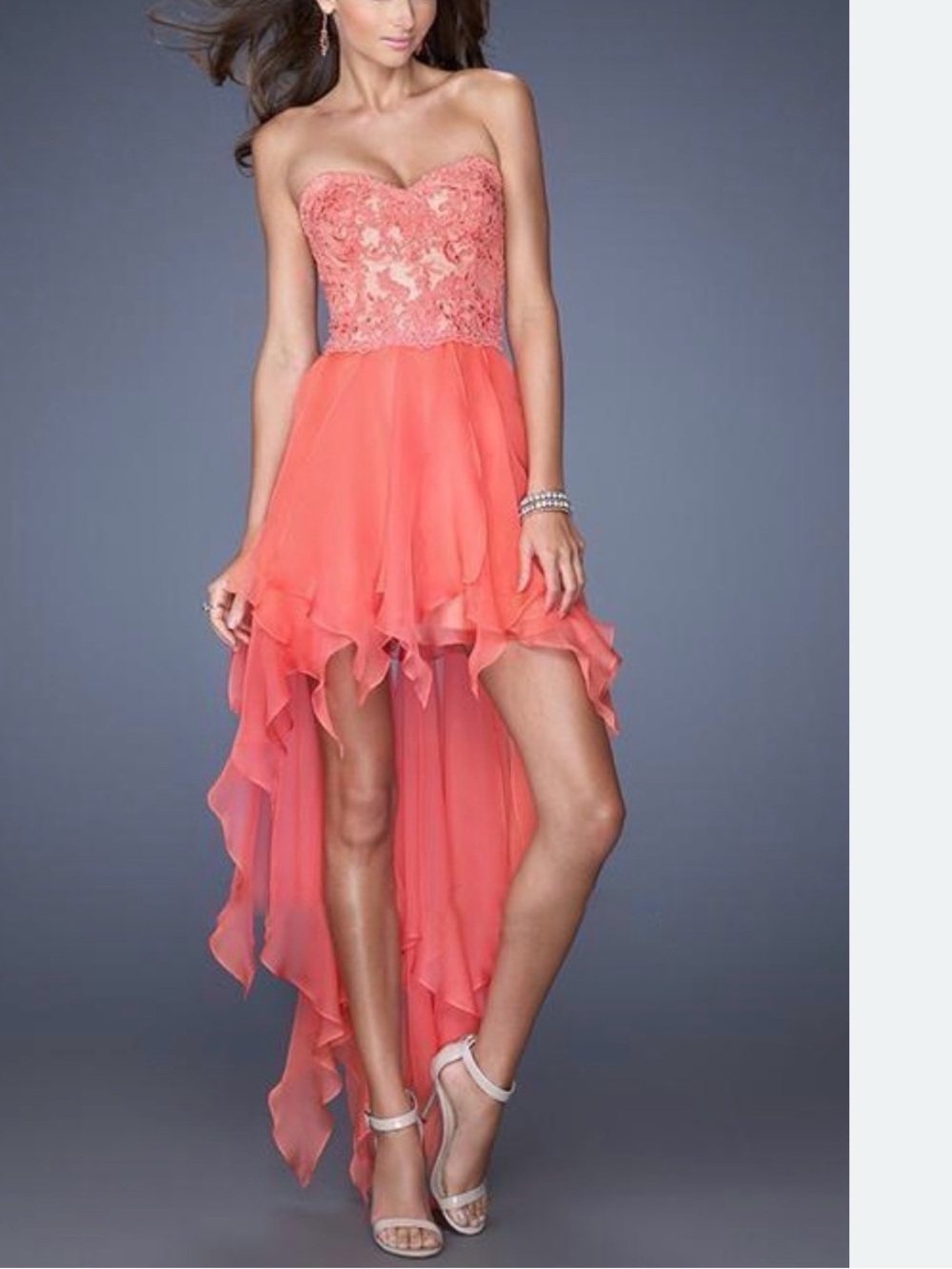 La Femme - 19607 Lace Sweetheart Handkerchief High-Low Gown
